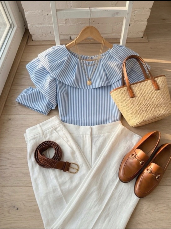 Garcia Tops - Garcia Blue & White Striped Off-Shoulder/on shoulder Ruffle structured blouse